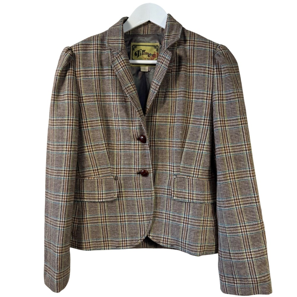 Fillmore Studio California Plaid Blazer Brown Blue Glen Check Puff Shoulder S